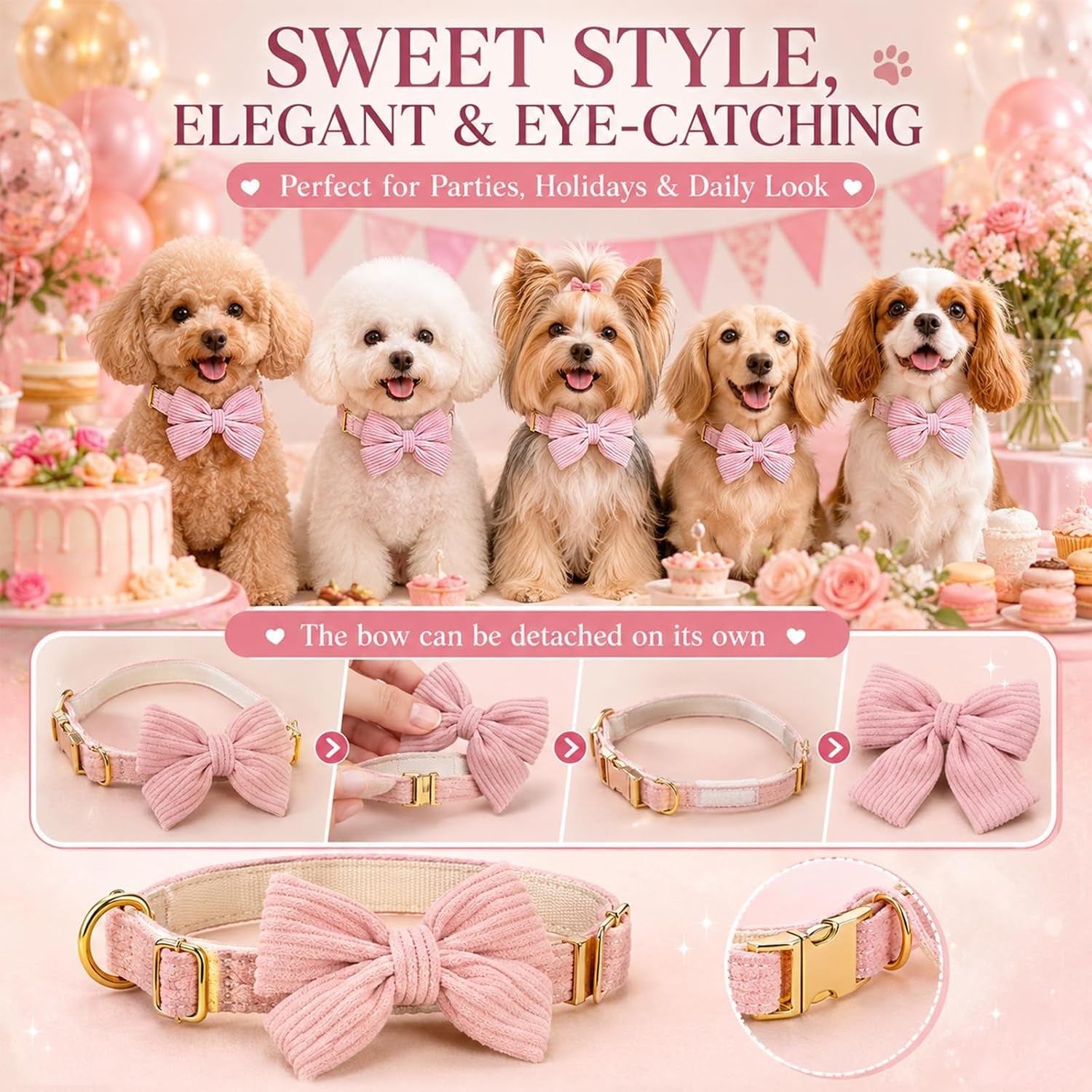 dog-collar-and-leash-set-with-bowtie-soft-cute-puppy-collar-cotton-puppy-collar-with-adjustable-metal-buckle-for-small-medium-dog-pink-size-s-neck-10-16