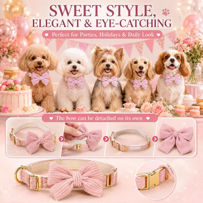Dog Collar and Leash Set with Bowtie, Soft & Cute Puppy Collar, Cotton Puppy Collar with Adjustable Metal Buckle for Small, Medium Dog (Pink, Size S: Neck 10"-16")6
