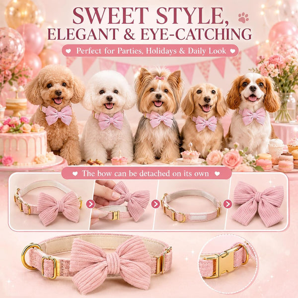 Dog Collar and Leash Set with Bowtie, Soft & Cute Puppy Collar, Cotton Puppy Collar with Adjustable Metal Buckle for Small, Medium Dog (Pink, Size S: Neck 10"-16")6