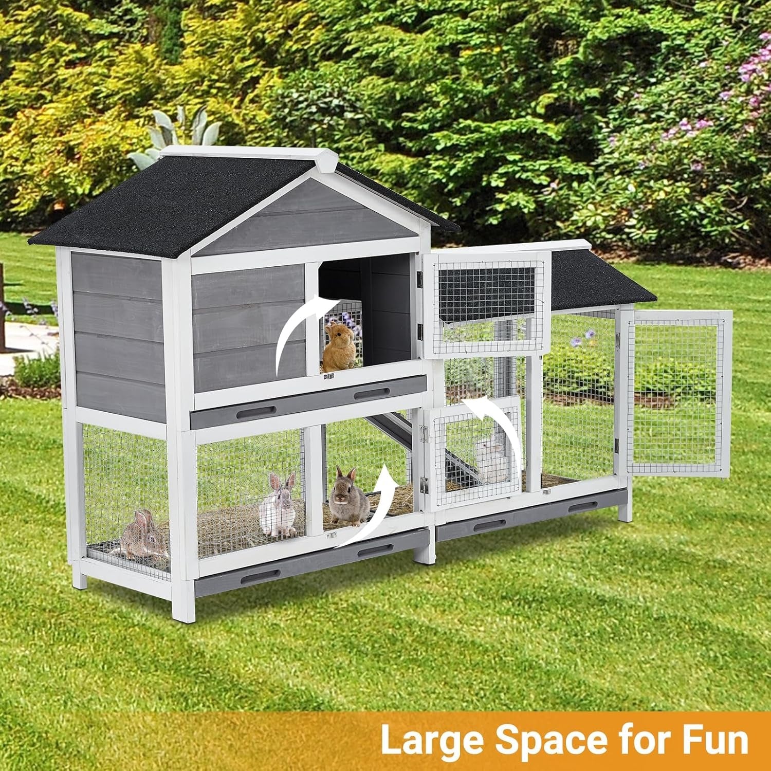 garvee-58-bunny-hutch-indoor-bunny-cage-with-3-removable-trays-wooden-waterproof-roof-rabbit-hutch-indoor-outdoor-2-tier-bunny-house-chicken-coop-gray-and-black
