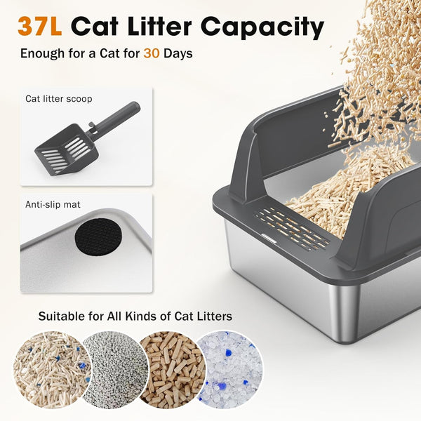 2PACK Stainless Steel Litter Box, Extra Large Litter Boxes for Big Cats, XL Metal Cat Litter Box with Lid High Sides, Anti-Urine Leakage, Non-Sticky, Scoop Included7