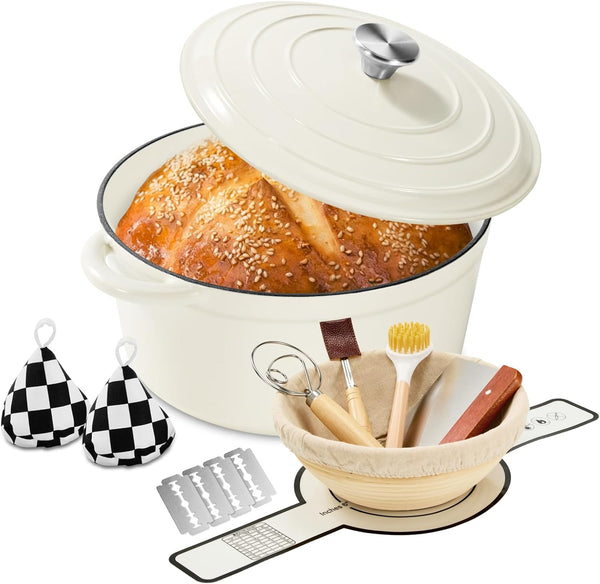 Enameled Cast Iron Dutch Oven Pot 6.5 QT with Lid for Bread Baking | Cookware Incl. Sourdough Bread-Baking Supplies like Banneton, Dough Whisk, Gloves, Oven Safe for Stews, Roasting, Cream White1