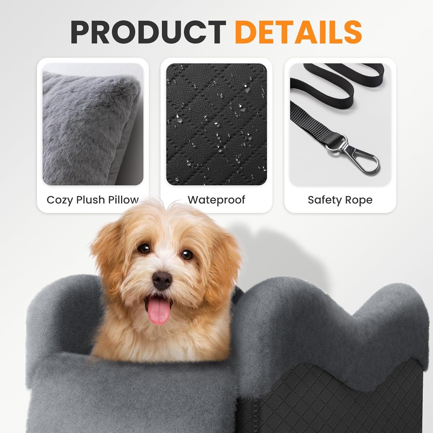 center-console-dog-car-seat-for-small-dogs-under-11lbs-grey-anti-collapse-safety-tether-faux-rabbit-fur-lined-pu-leather-cover-washable-puppy-seat-for-suv-truck-ideal-for-travel