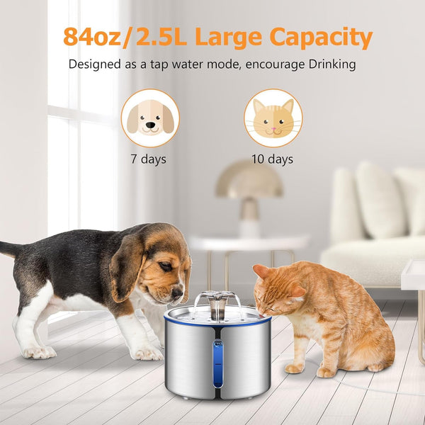 BOORCA Cat Fountain, 84Oz/2.5L Stainless Steel Pet Water Fountain, Automatic Dog Water Dispenser, Water Level Window, Ultra-Quiet Pump, Perfect for Cats, Dogs and Multiple Pets, 4 Filters3