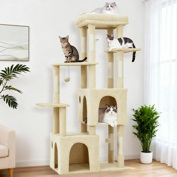 Takywep Beige 61" Heavy Duty Cat Tree for Large Indoor Cats & Maine Coon, Warm Multi-Level Cat Tower with Extra Large Perch, 2 Spacious Condos, Natural Sisal Scratching Posts & Interactive Toys1