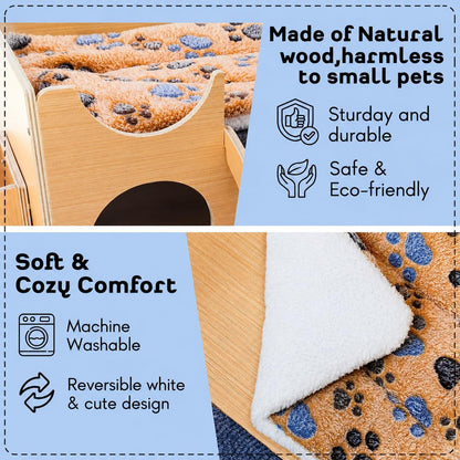 Guinea Pig Wooden Hideout with Built-In Feeder, Screw-Assembled Natural Wood Castle with Absorbent Fleece Mat, Ramp & Accessories, Cozy Safe Hideaway for Small Pets to Rest, Play & Explore5