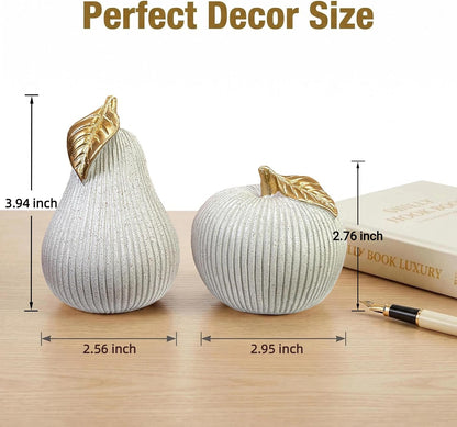 Apple and Pear Decor Set, Modern Fruit Sculpture Home Decor, White and Gold Decorative Ornaments for Living Room Bedroom Desk Shelf Coffee Table, Aesthetic Room Decor Unique Gift3