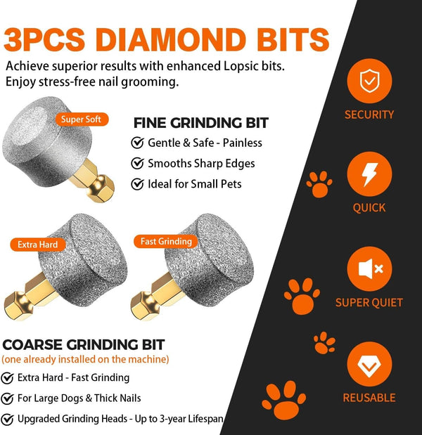 Whisper Quiet Dog Nail Grinder Safe & Stress-Free for Sensitive Dogs Cats | 4 LED Lights,3 Grinding Bits, 3-Speed, Pet Nail Trimmers, Rechargeable Painless Grooming Kit for All Breeds & Sizes5