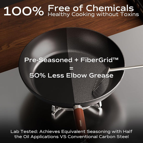 Carbon Steel Frying Pan, Pre-Seasoned 11-Inch Cooking Skillet Wooden Handle, PFAS & Pfoa-Free, Nitrided Black Fry Pan for Kitchen, Camping, Chef Use3