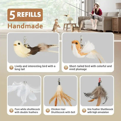 ROSAUI Cat Teaser Wand Toys, Interactive Bird Toys for Indoor Kittens, 42.15’’ Long Cat Fishing Pole Toys, 2Pcs Wires and 5Pcs Natural Refills, Sustainable Wooden Handles, Exercising, Playing5