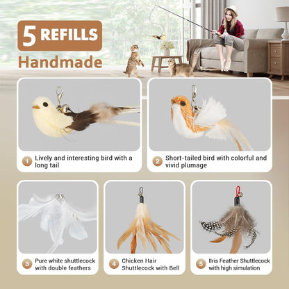 ROSAUI Cat Teaser Wand Toys, Interactive Bird Toys for Indoor Kittens, 42.15’’ Long Cat Fishing Pole Toys, 2Pcs Wires and 5Pcs Natural Refills, Sustainable Wooden Handles, Exercising, Playing5