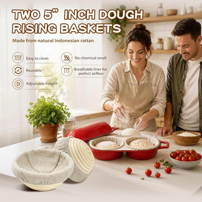 Mini Double Dutch Oven for Sourdough Bread Baking – Enameled Cast Iron Bread Pan with Lid, 500°F Oven Safe Non-Stick, Dual round Loaf Space (6Inch Diameter), Bake Two Different Loaves at Once, Includes 2×5" Banneton Proofing Baskets (Red)3