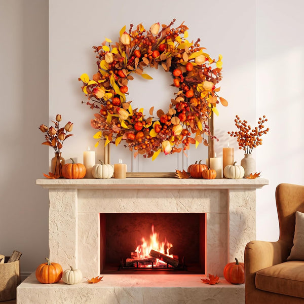 26" Fall Wreath for Front Door Pumpkin Artificial Wall Decor Autumn | Thanksgiving Fall Door Wreath Home Decor Porch Window Outdoor Indoor Door Fall Decorations Holiday Harvest Farmhouse5