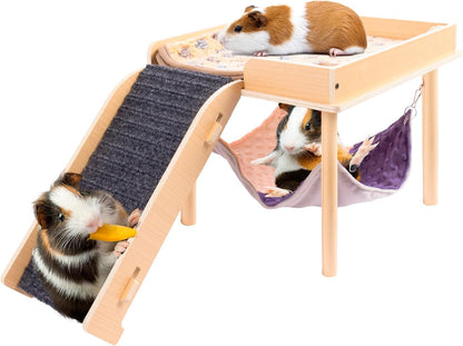 BESNEW Enlarged Guinea Pig Hammock with Platform and Stairs,Wooden Small Animal Hideout for Guinea Pigs Bunny Ferret Hamster Hiding Sleeping Activities(Single)1