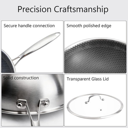 12.2" Tri-Ply Stainless Steel Wok with Glass Lid, Pro-Grade Honeycomb Hybrid Stir Fry Pan for Searing & Tossing, Uncoated Flat Bottom Chef Wok, Induction Compatible (31Cm)8