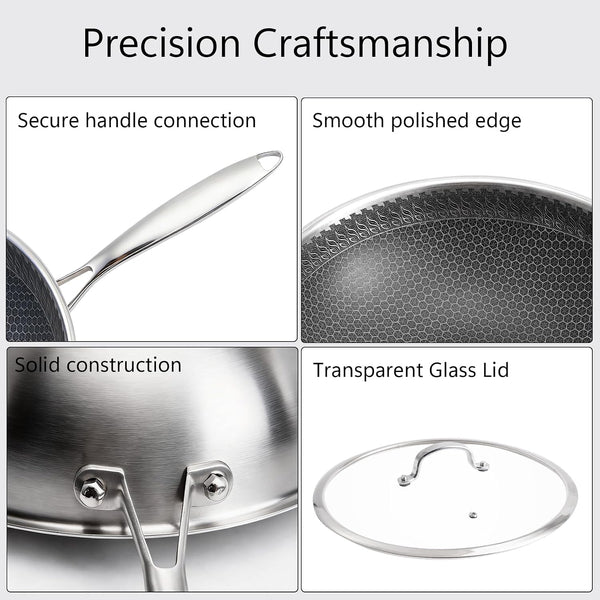 12.2" Tri-Ply Stainless Steel Wok with Glass Lid, Pro-Grade Honeycomb Hybrid Stir Fry Pan for Searing & Tossing, Uncoated Flat Bottom Chef Wok, Induction Compatible (31Cm)8