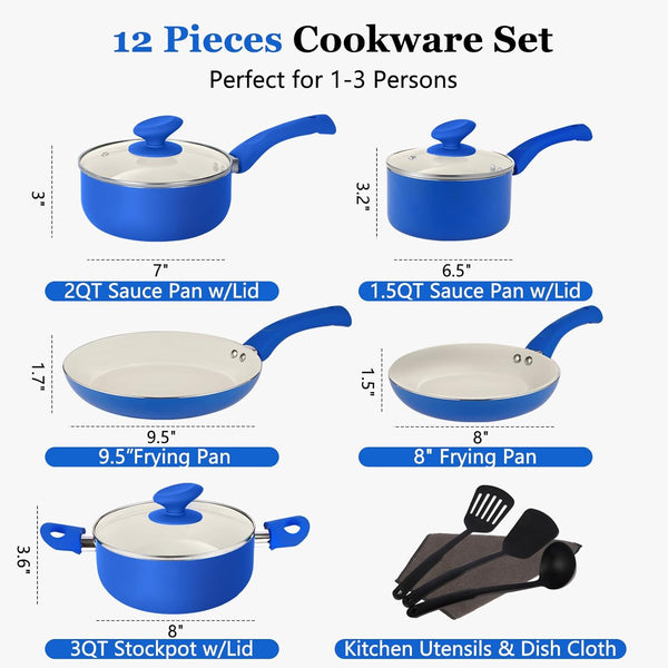 12-Piece Ceramic Nonstick Pots and Pans Set, Induction Non-Toxic | Cobalt Blue Kitchen Cookware Set, Stay-Cool Bakelite Handles, PFOA & PTFE Free, Gas & Electric Stovetop, Easy Clean5