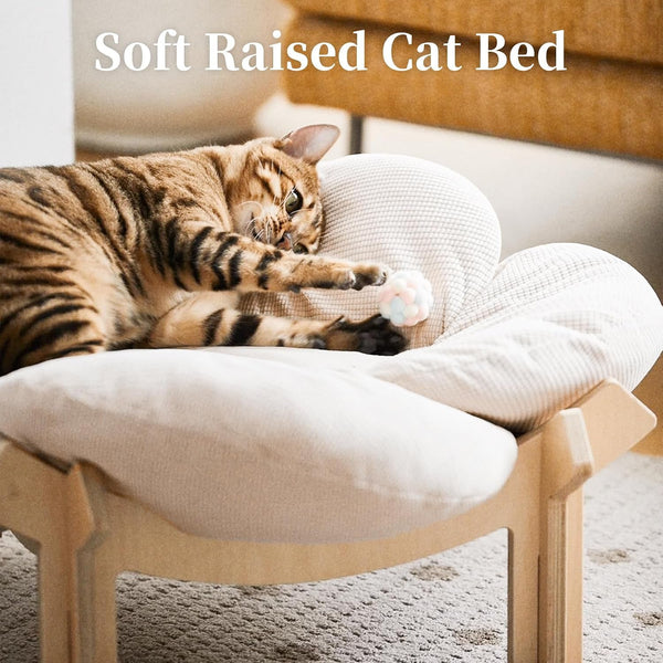 PACHIRA Elevated Cat Bed Wooden, Cat Couch Fluffy, Cat Sofa Flower for Indoor Cats, Raised Cat Bed with Washable Fluffy Cushion and Birch Wood, Cat Chair for Kitty and Puppy, Cat Furniture (White)3