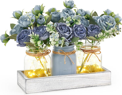 Mason Jar Lights Centerpieces for Tables Dining Room Farmhouse Decor | Warm Glow, Blue Artificial Flowers, Wood Tray, Coffee Table Decor, Kitchen Living Room Wedding Indoor Outdoor Decoration1
