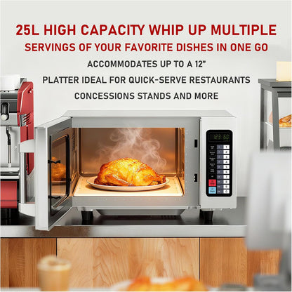 Commercial Countertop 25L Microwave Oven W/ 10 Programmable Memory Menu,5 Power Level,3 Stage Cooking and Touch Screen Control-1000W,0.9 Cu.Ft4