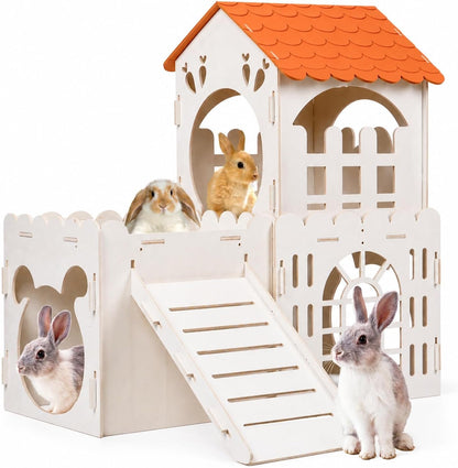 Large Rabbit House, Wooden Bunny Castle with 3 Houses Indoor, Rabbit Guinea Pig Cage Multistory Climbing Tower Sturdy Wooden Castle, Small Animal Hideaway Tunnel11