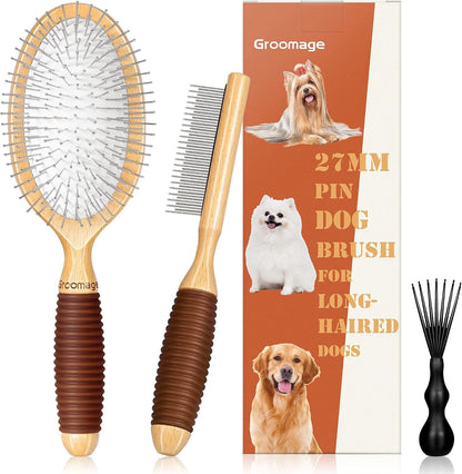 Dog Brush for Long Haired Dogs, 27Mm Extra Long Pin Brush for Grooming, Shedding - Beech Wood Material, Non-Slip Rubber Handle, Round-Tipped Pins9