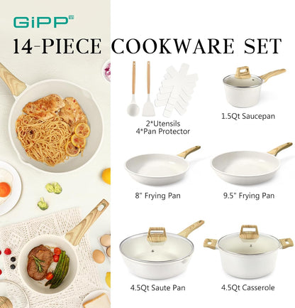 Pots and Pans Set Non Stick - 14 Pcs White Granite Kitchen Cookware Sets Nonstick Induction Cookware Cooking Pan Set with Frying Pans, Saucepans and Silicone Utensils, PFOS & PFOA Free2