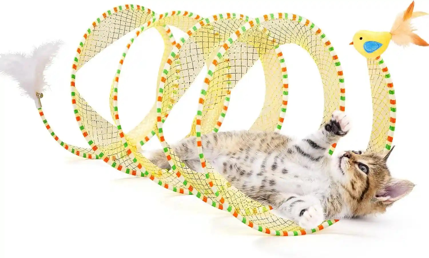 potaroma-spiral-tunnel-cat-toy-self-play-collapsible-spring-kitten-tunnel-for-indoor-cats-with-feather-and-bell-20-inches-unfolded