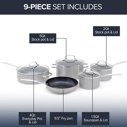 Healthy Duralon Blue Ceramic Nonstick Coated 9Pc Cookware Set | Scratch-Resistant Diamond Infused, PFAS Free, Induction Ready & Evenly Heats, Oven Safe, Tempered Glass Lids2