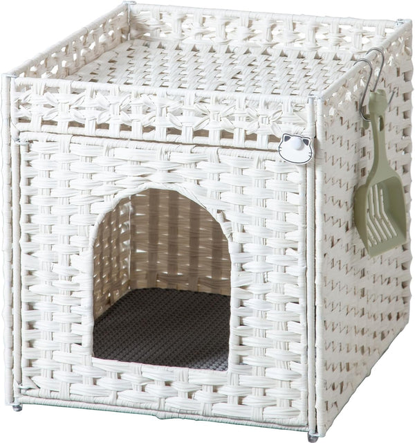 SETVSON Cat Litter Box Enclosure Furniture, Hidden Litter Box with Mat and Fence, Handwoven Rattan Cat House with Two S-Shaped Hooks for Living Room, Bedroom, 18.5 X 20.5 X 19.1 Inches (Natural)16