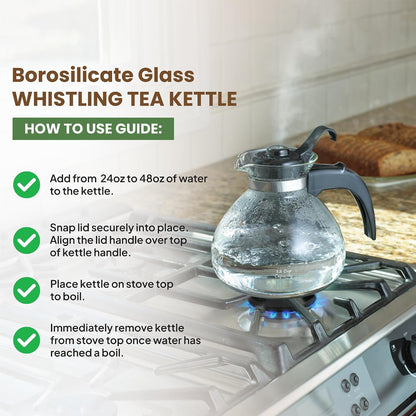 Café Brew Glass Tea Kettle, 12 Cup | German Borosilicate Glass. Gas & Electric Stovetop Safe. Heat Resistant. Whistles at Boil. 12-Cup Capacity.7
