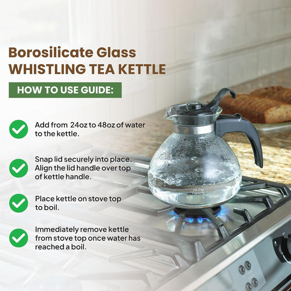 Café Brew Glass Tea Kettle, 12 Cup | German Borosilicate Glass. Gas & Electric Stovetop Safe. Heat Resistant. Whistles at Boil. 12-Cup Capacity.7