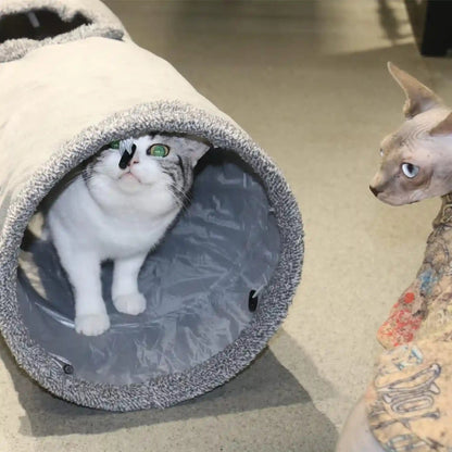 Cat Tunnel for Indoor Cats, 51×12 Inch Foldable Big Cat Tunnel, Grey Suede Pet Tunnels with Two Peepholes and a Bubble Ball5