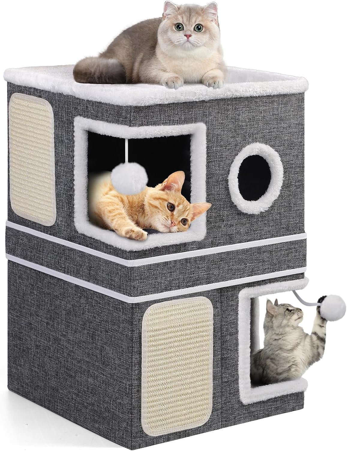 shikha-cat-house-bed-for-indoor-cats-with-fluffy-ball-and-scratch-pad-grey-foldable-large-cat-cave-hideaway-with-cozy-condo-hide-and-seek-window-holds-up-to-30lbs-all-season-reversible-cushion