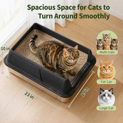 Gimars 2 Pack XL Stainless Steel Cat Litter Box for Big & Senior Cats, Multi-Cat Metal Litter Pan with High Sides, Odor-Resistant & Easy Clean, Includes Litter Scoop, Litter Mat & Anti-Slip Pads3