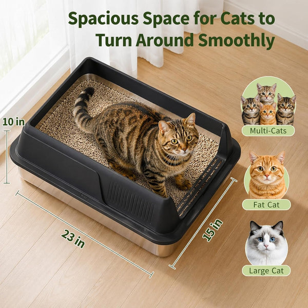 Gimars 2 Pack XL Stainless Steel Cat Litter Box for Big & Senior Cats, Multi-Cat Metal Litter Pan with High Sides, Odor-Resistant & Easy Clean, Includes Litter Scoop, Litter Mat & Anti-Slip Pads3
