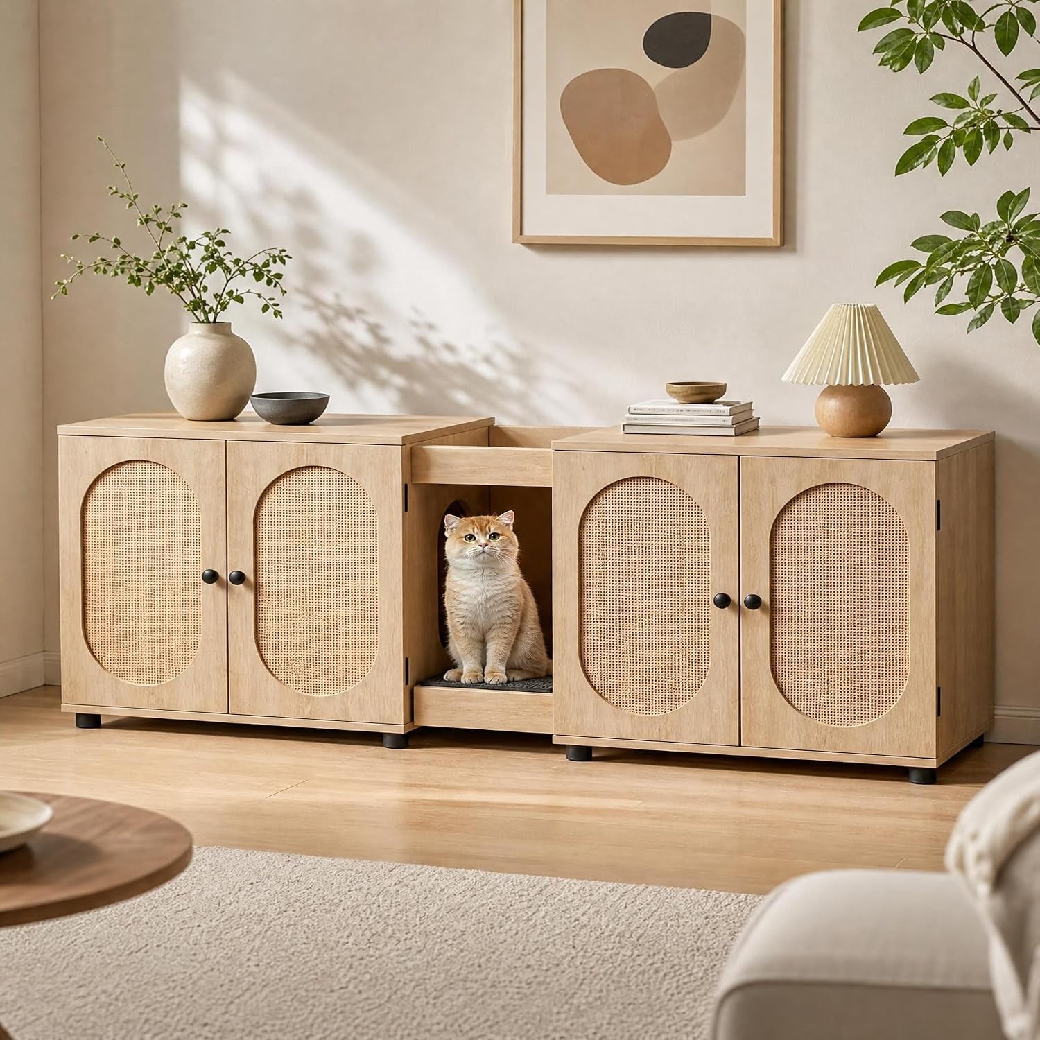 garvee-55-1-double-litter-box-enclosure-boho-cat-box-furniture-for-2-cats-cat-litter-box-furniture-hidden-with-cat-scratch-pad-large-indoor-pet-house-with-double-room-wood-color-double-room-design-fits-most-litter-boxes-built-in-litter-mat-double-roller-latch-storage-cubby-ventilated-cabinets
