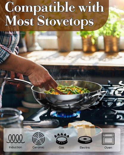 Multi-Ply Clad 12 Inch Stainless Steel Wok Pan, Stir Fry Pan with Glass Lid, Induction Cookware, Dishwasher & Oven Safe, Compatible with All Cooktops2
