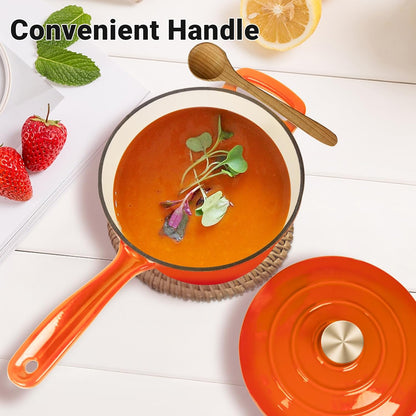 Enameled Cast Iron Sauce Pan, 2 Quarts round Sauce Pot with Lid, Mini Dutch Oven Enamel Saucepan for Cooking Pasta Sauce, Marinate, Cook, Refrigerate and Serve, Flame Orange6