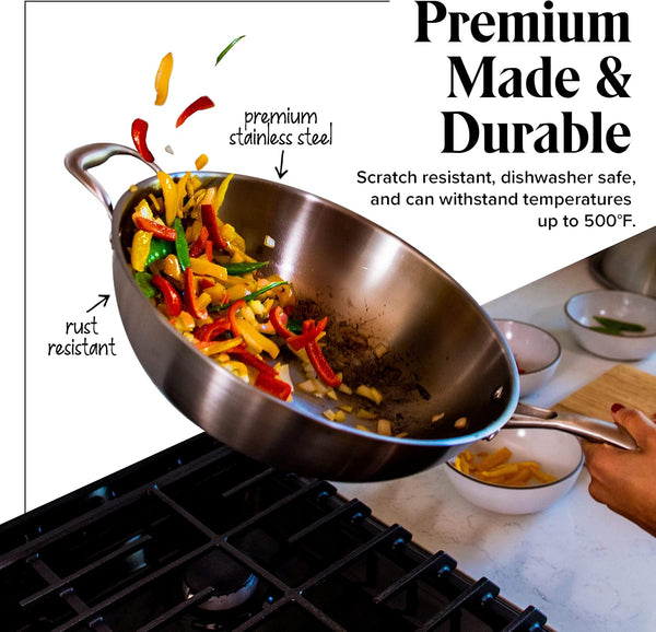 Stainless Steel Flat Bottom Wok Pan, Professional Traditional Stir Fry Cookware W/Domed Lid & Spatula, Low Maintenance Rust & Scratch Resistant for Induction Gas Electric Stove Top4