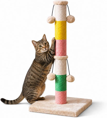 30 Inch High Cat Scratching Post with 4 Plush Teasing Toy Balls, Natural Sisal Rope Post and Thickened Base, Red Green Yellow White1