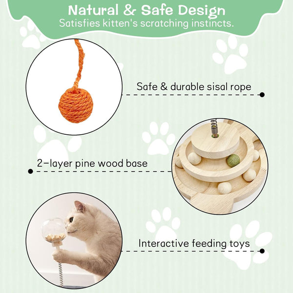Fhiny Cat Scratching Posts, Interactive Cat Toys for Indoor Cats Sisal Rope Kitten Scratcher with Cat Treat Dispenser 2-Layer Wooden Cat Turntable & Interactive Balls Dangling Ball for Cats Kittens4