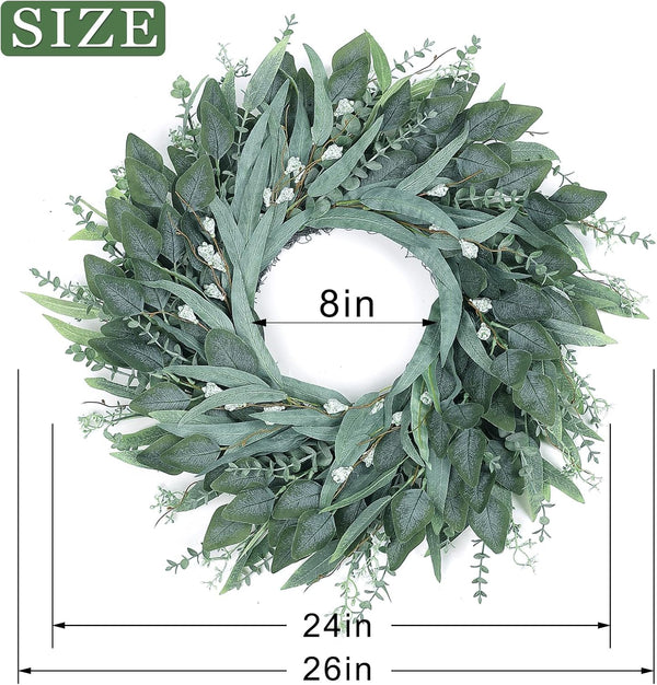 26" Large Artificial Eucalyptus Wreath with Seeds for Front Door(Green) | 3 Different Shape of Eucalyptus Leaves, Realistic Fake Wreath, for Window/Farmhouse/Porch/Home/Holiday/Wall/Outdoor Decor2