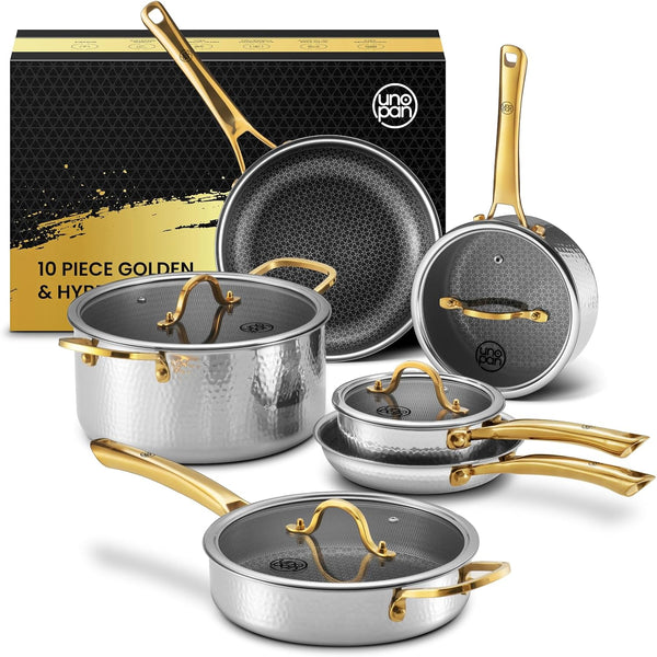 Gold Titanium Cookware Set 10Pc,Hammered Titanium Pans for Cooking with Lids,Nonstick, Non-Toxic, Titanium Surface, Luxury Gold Finish, Oven Safe, Induction Compatible, Kitchen Gift1