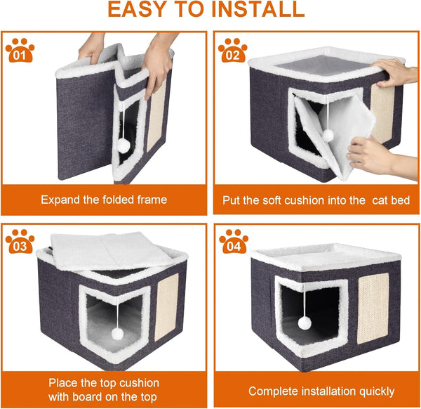 Loyareal Cat Houses for Indoor Cats - Large Cat Bed Cave with Scratch Pad and Fluffy Ball, Foldable Cat Condo Hideaway with Reversible Cushion for Multi Small Pet, Dark Grey6