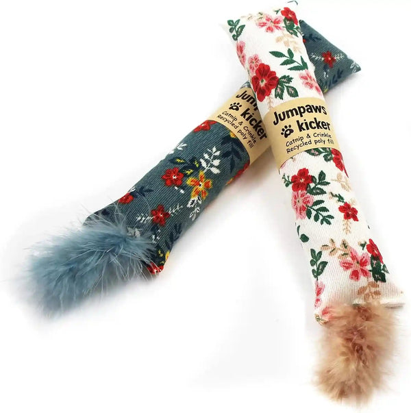 Jumpaws 2 Pack Natural Interactive Catnip & Silvervine Cat Kicker with Feathers, Bite Resistant Chew Toy, Crinkle Kicker, Accessories for Indoor Cat, Premium Corduroy Floral5