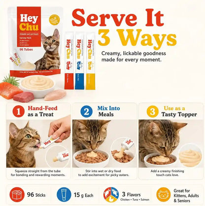 Lickable Cat Treats, Grain-Free Wet Topper, 96 Tube Variety Pack | Tuna, Salmon and Chicken Puree for Kittens, Senior and Picky Cats. Squeezable Creamy Churu Style Tube Snack, High Moisture4