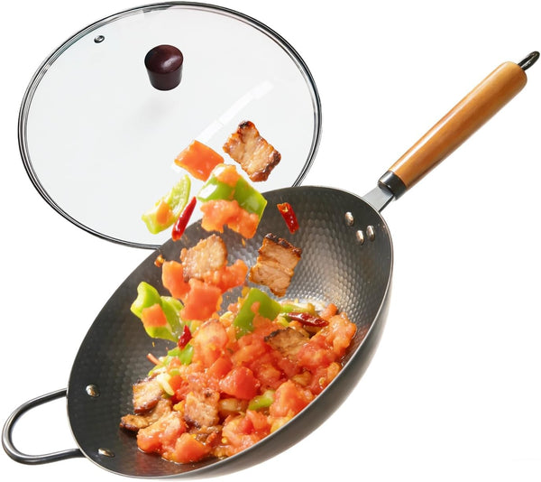 Nonstick Wok,Carbon Steel Wok 12.8-Inch Pan with Glass Lid,Woks & Stir-Fry Pans for Frying Electric,Induction,Gas Stoves Cooking1