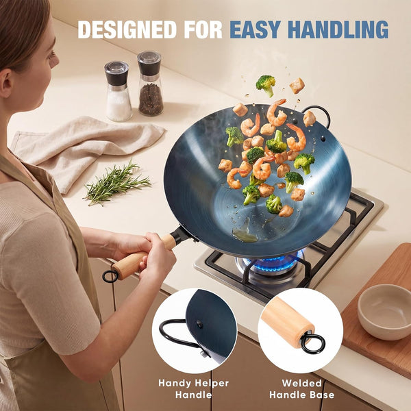 13.5 Inch Carbon Steel Wok Pan, Pre-Seasoned Flat Bottom No Chemical Coating Pow Wok, Compatible with Induction, Electric, Gas and Open Fire, Ideal for Home Cooking and Camping, Blue5