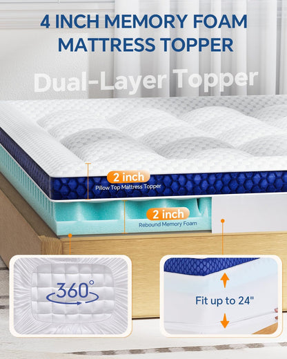 Dual Layer 4 Inch King Size Memory Foam Mattress Topper | 2 Inch Soft Pillow Top Mattress Pad Cover and 2 Inch Gel Memory Foam for Pressure Relief, 2-In-1 Design for Comfort & Support5